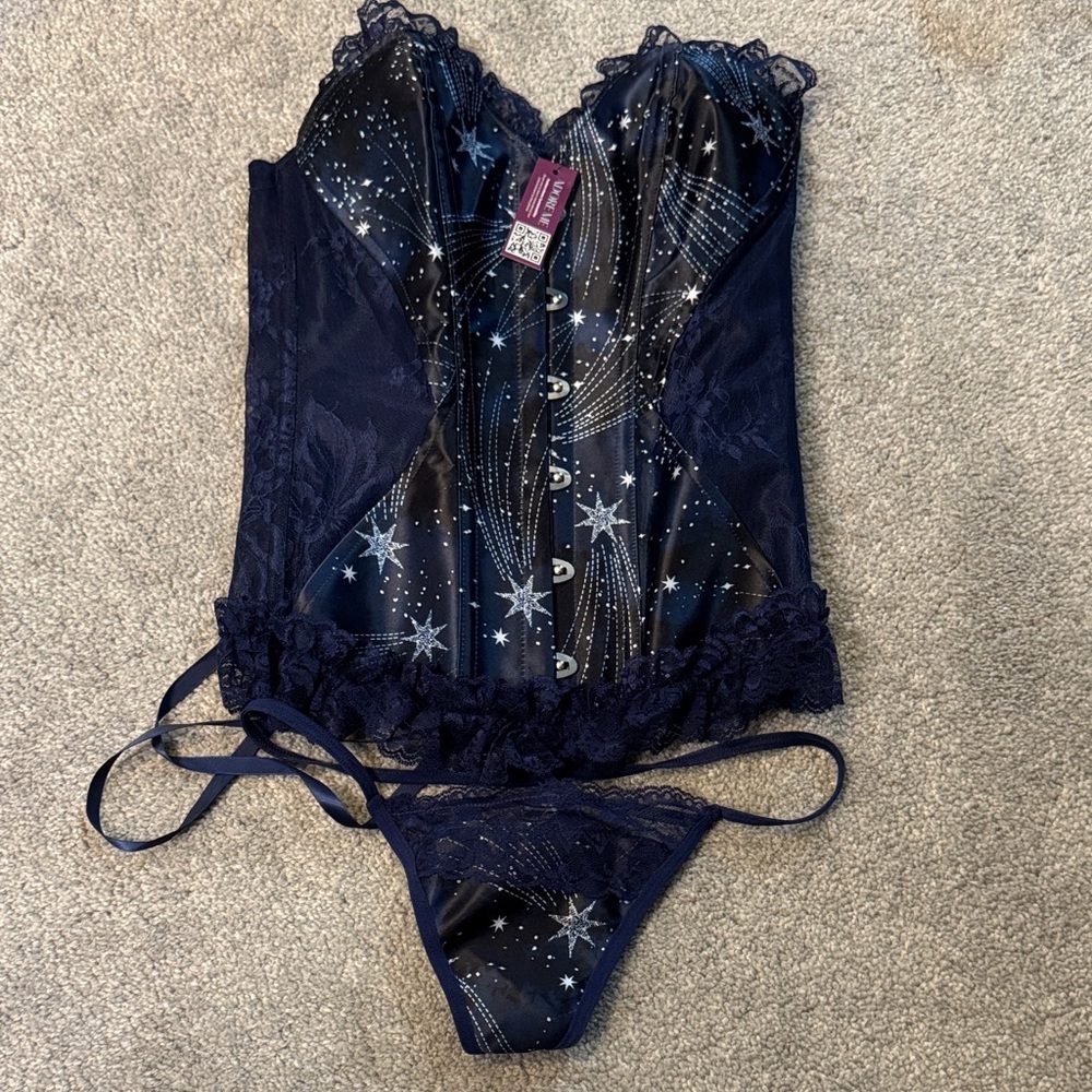 Adore Me Navy Star-Print Lace Bustier & Thong - Picture 1 of 6